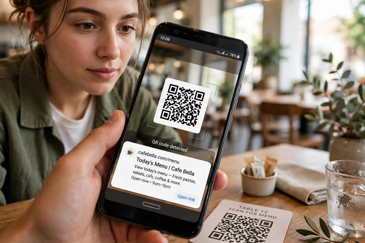 A person pointing a real Android phone camera at a real QR code on a restaurant table, the phone screen showing a legible link preview, the person's.