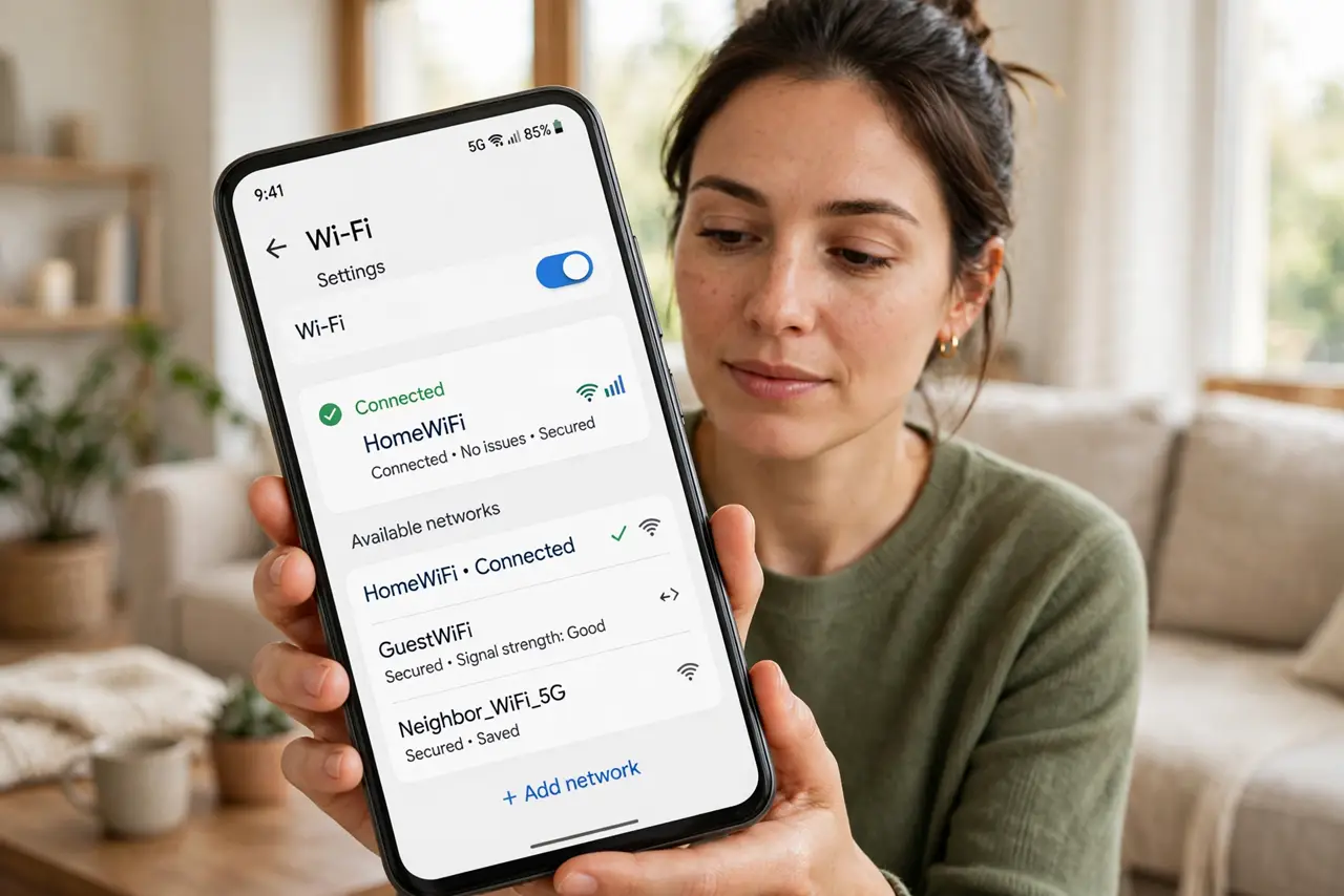 Photoreal photo of a person performing the first step: Connect to the Wi-Fi network first. The phone generates the code from its current connection. J