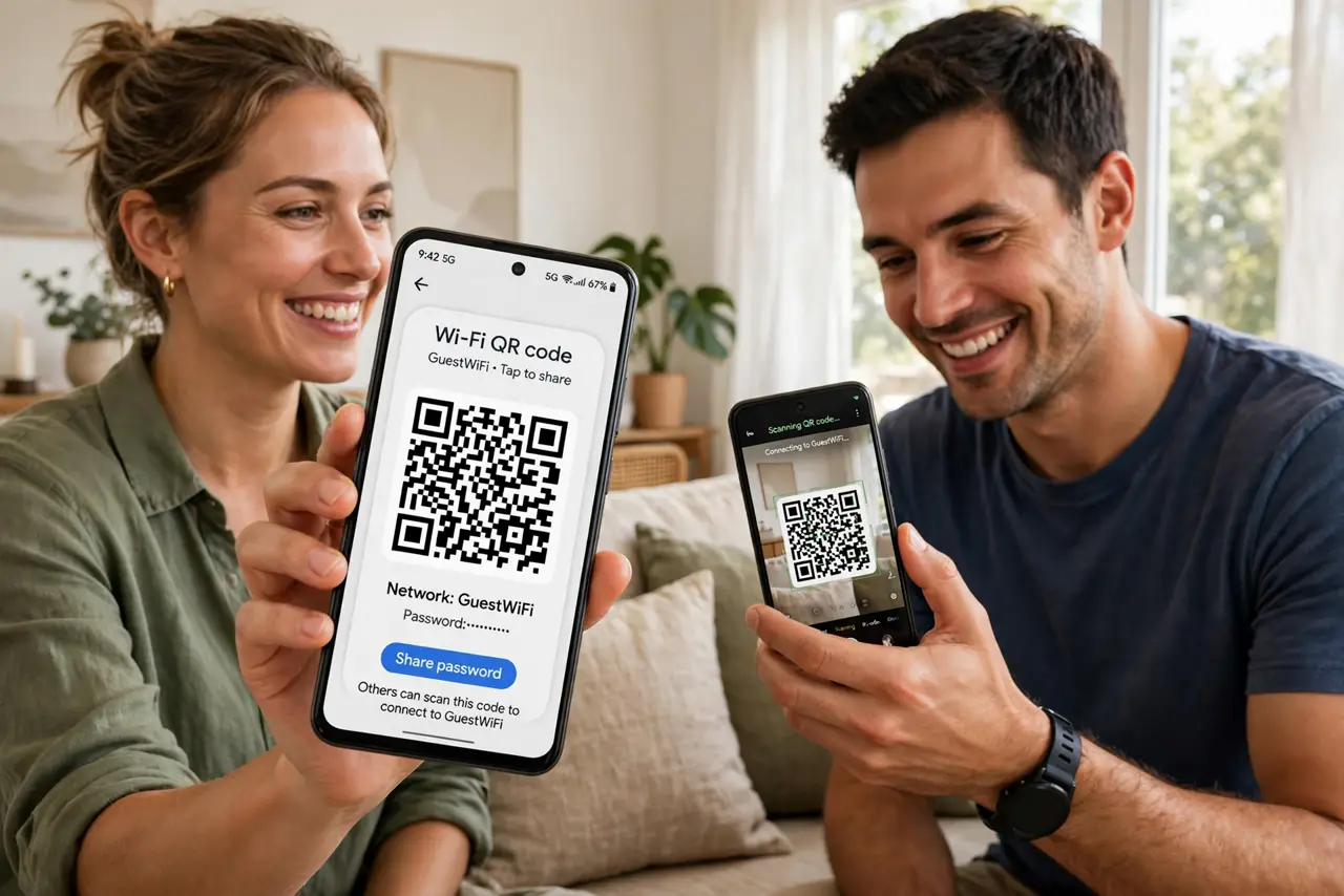 Photoreal photo: a person holding a real phone showing a large legible Wi-Fi QR code on screen, a guest scanning it with another phone, both people smiling, living room. No black screen, no blank white screen, no fake or garbled scree