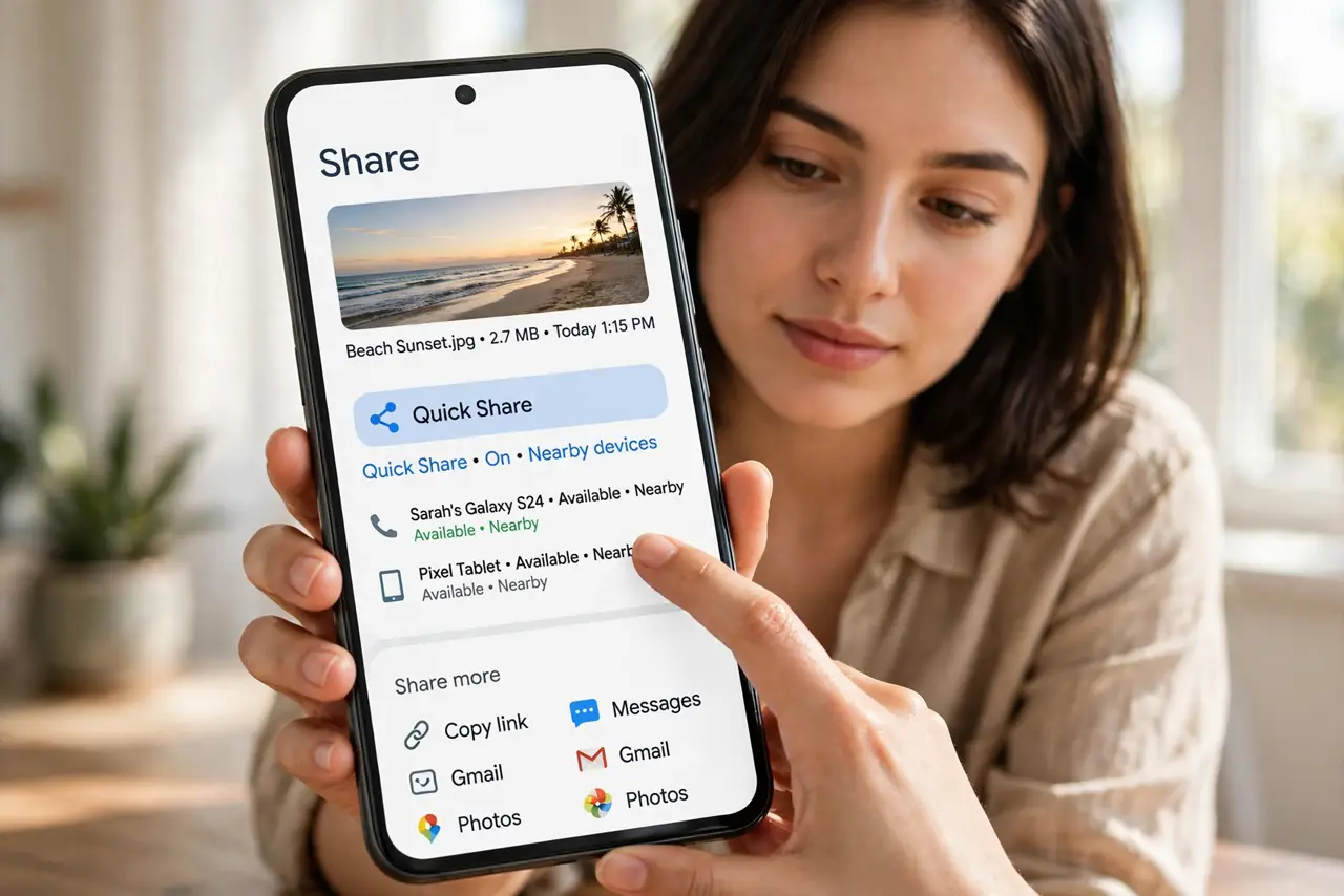Photoreal photo of a person performing the first step: Find Quick Share in the share sheet. Open a photo or file, tap Share, and look for Quick Sha...