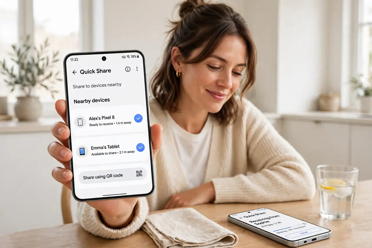 Photoreal photo: a person holding a real Android phone showing the legible Quick Share panel with a nearby device listed, another phone receiving beside it, the person's face pleased, bright room. No black screen, ...
