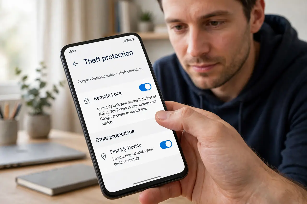 A person performing step 1: Enable remote lock before you need it. Go to Settings, Google, Personal safety, Theft protection, and turn on .