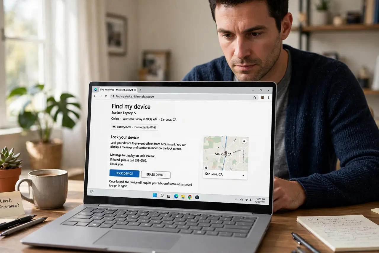 A person at a desk using a real laptop showing a find-my-device page with a lock button and legible text, holding no phone, the person's face urgent but.