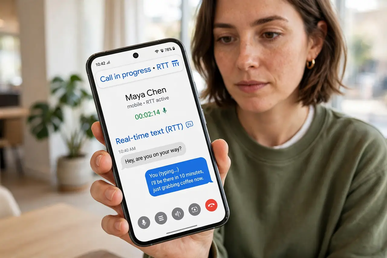 a person holding a real Android phone showing an active call with an RTT text field and legible typed words, the person's face focused, bright indoor setting. No black screen, no b.