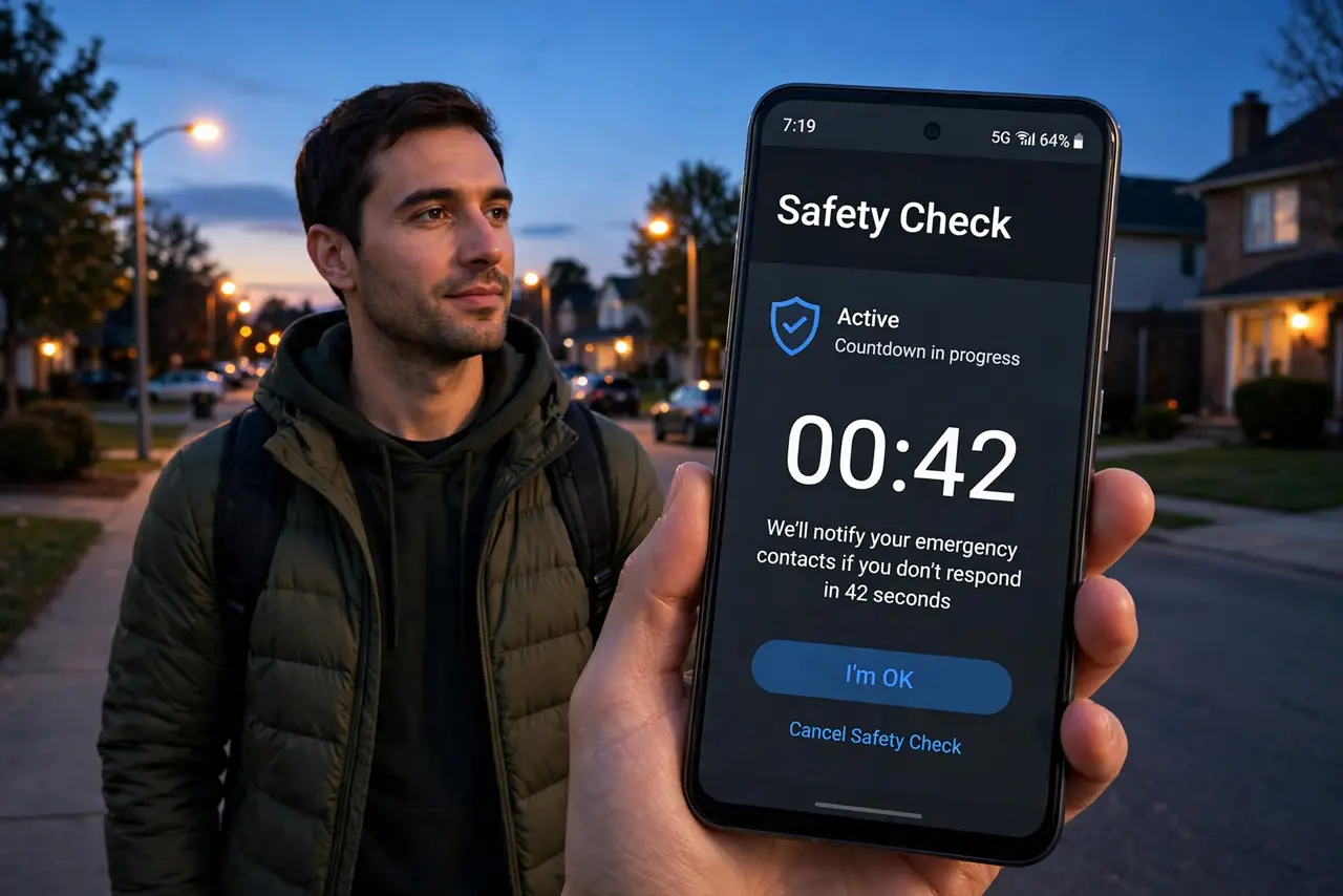 A person walking home at dusk with a Safety Check countdown visible and legible on a real Android phone, streetlights coming on, the person's face calm.