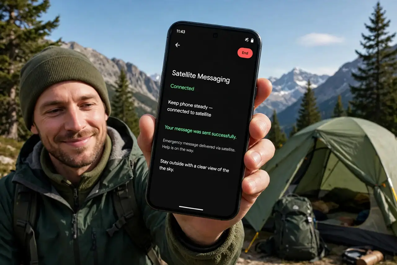 A camper holding a real Pixel phone toward the sky with the satellite messaging prompt fully legible, tent and mountains behind, the person's face relieved.