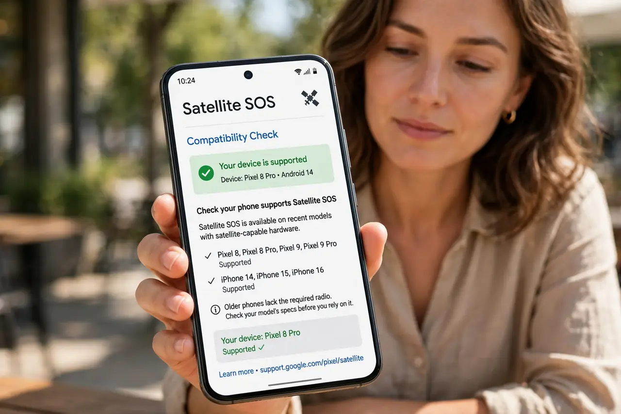 A person performing step 1: Check your phone supports it. Satellite SOS needs specific recent models — newer Pixels and iPhones. Older pho.