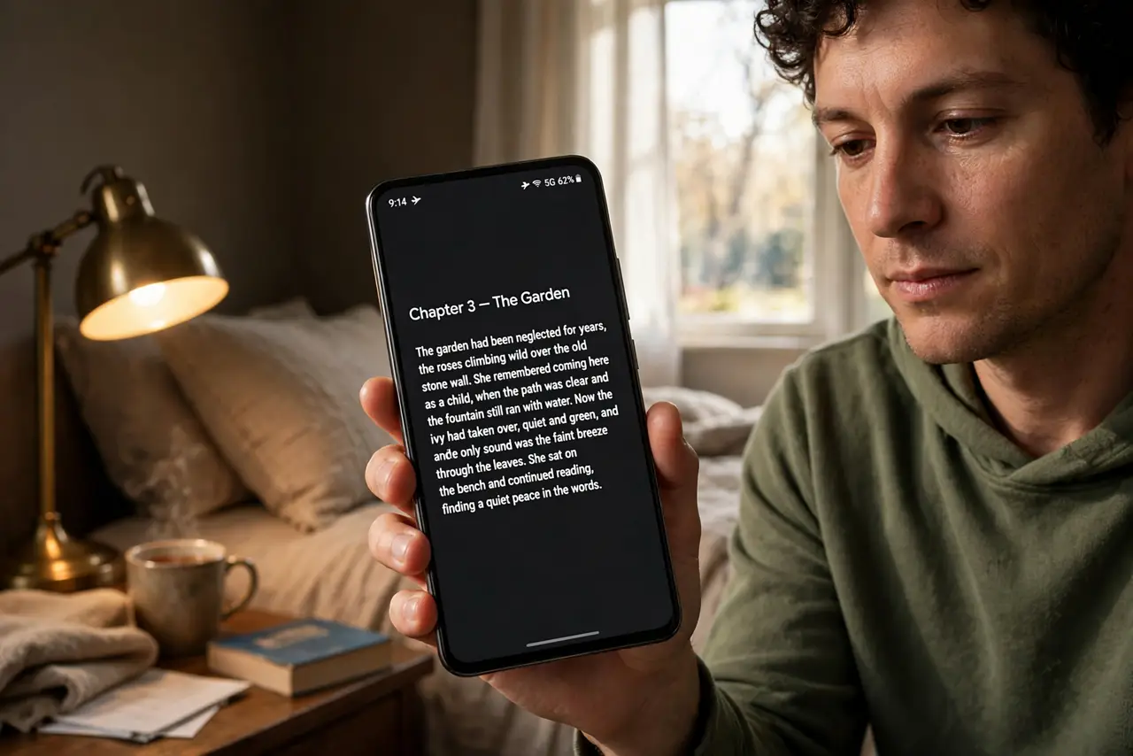 Screen Flickers at Low Brightness — a calm adult in a dim room holding a real Android phone at low brightness showing a reading app with fully leg