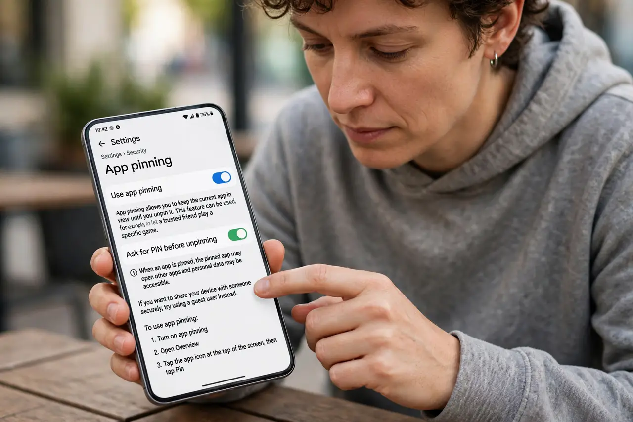 A person performing step 1: Turn on screen pinning in Settings.
