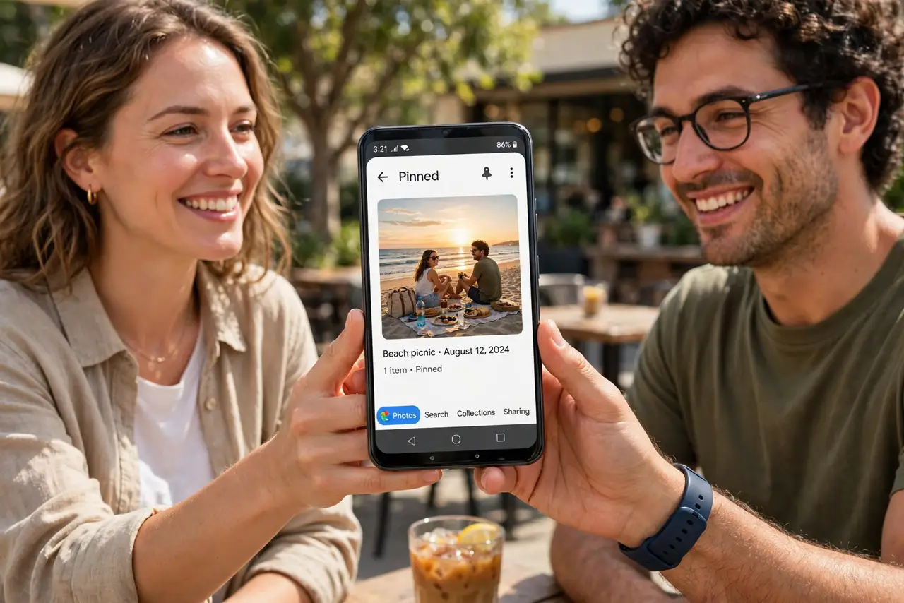 A person handing a real Android phone to a friend, the screen showing a single pinned photo app with a photo fully legible and a small pin indicator visible, both people relaxed and smiling in daylight.