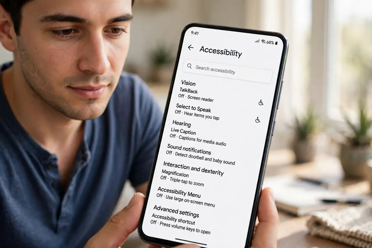 A person calmly performing the guide's first step: Find it in accessibility settings.