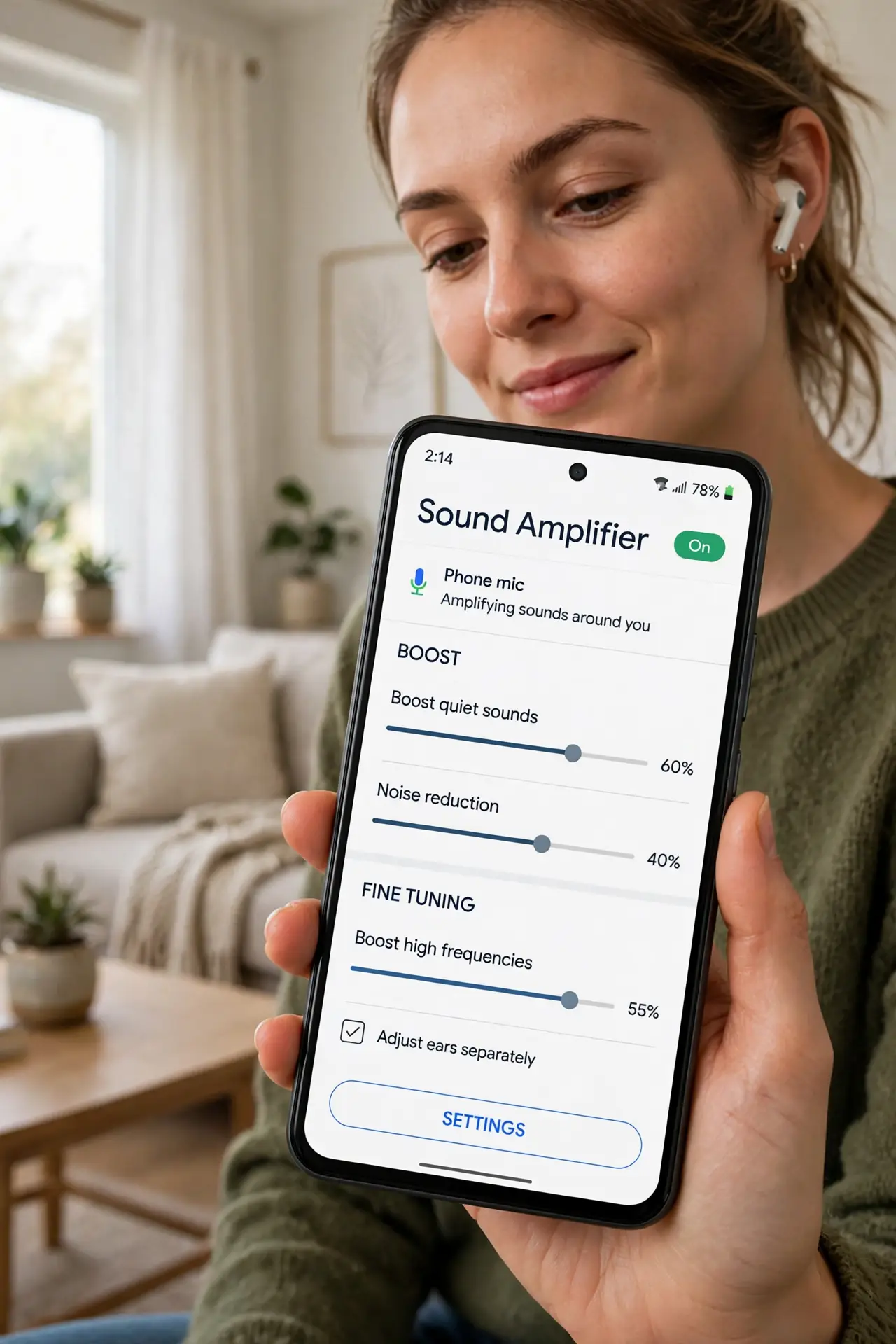 a person wearing real earbuds holding a real Android phone showing the Sound Amplifier controls with legible sliders, the person's face relieved, quiet living room. No black screen.