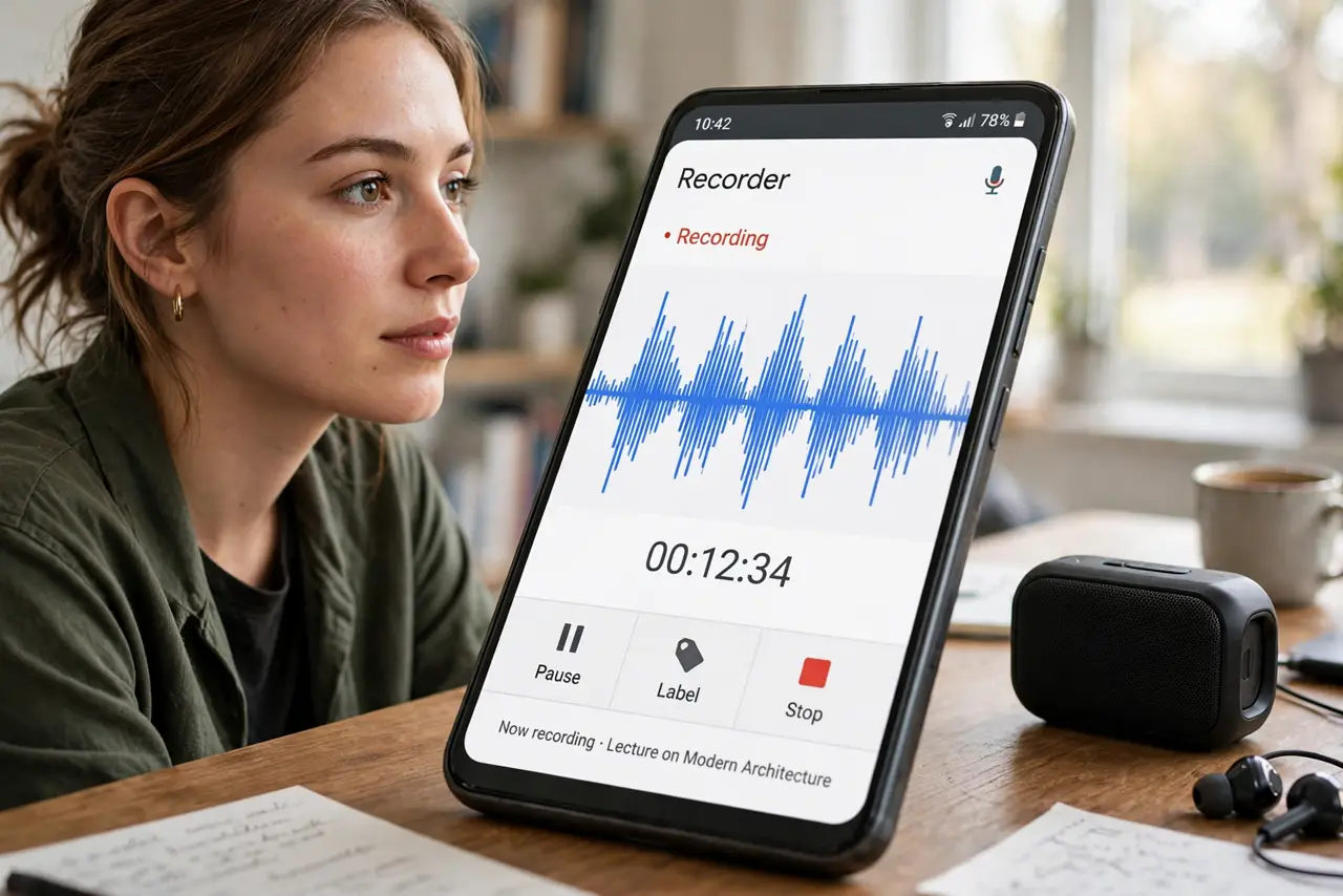 A person recording a lecture on a real Android phone with the recorder app's waveform and timer fully legible, the phone on a desk near the speaker, the person's face attentive.