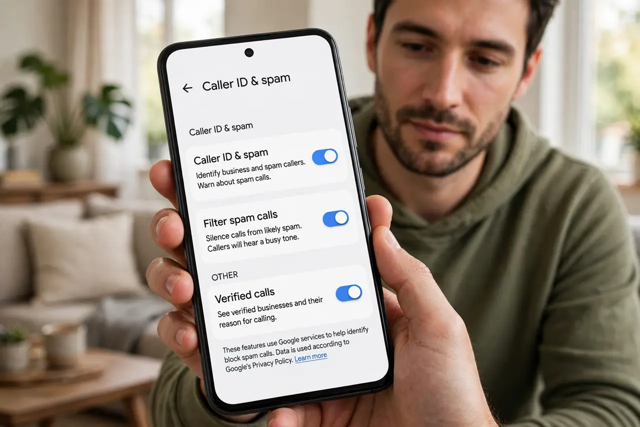 Photoreal photo of a person performing the first step: Turn on caller ID and spam protection. In the Phone app: Settings, then Caller ID and spam -- e