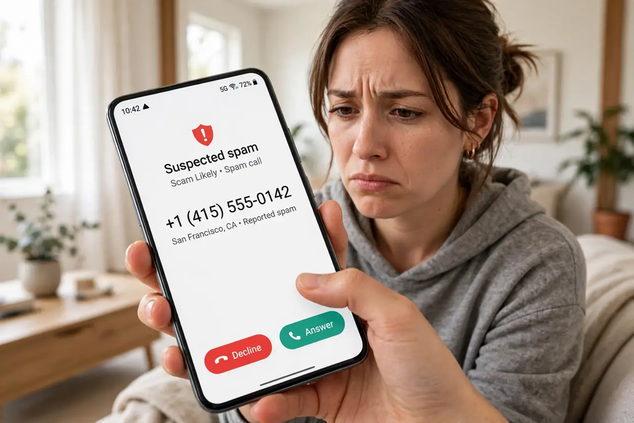 Photoreal photo: a person declining a spam call on a real Android phone showing a legible 'Suspected spam' caller screen, the person's face annoyed but in control, living room. No black screen, no blank white screen, no fake or garble