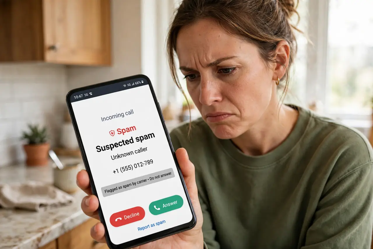 Spam Screening Blocks Real Calls — an annoyed adult looking at a real Android phone showing an incoming call labeled as spam with fully legible t