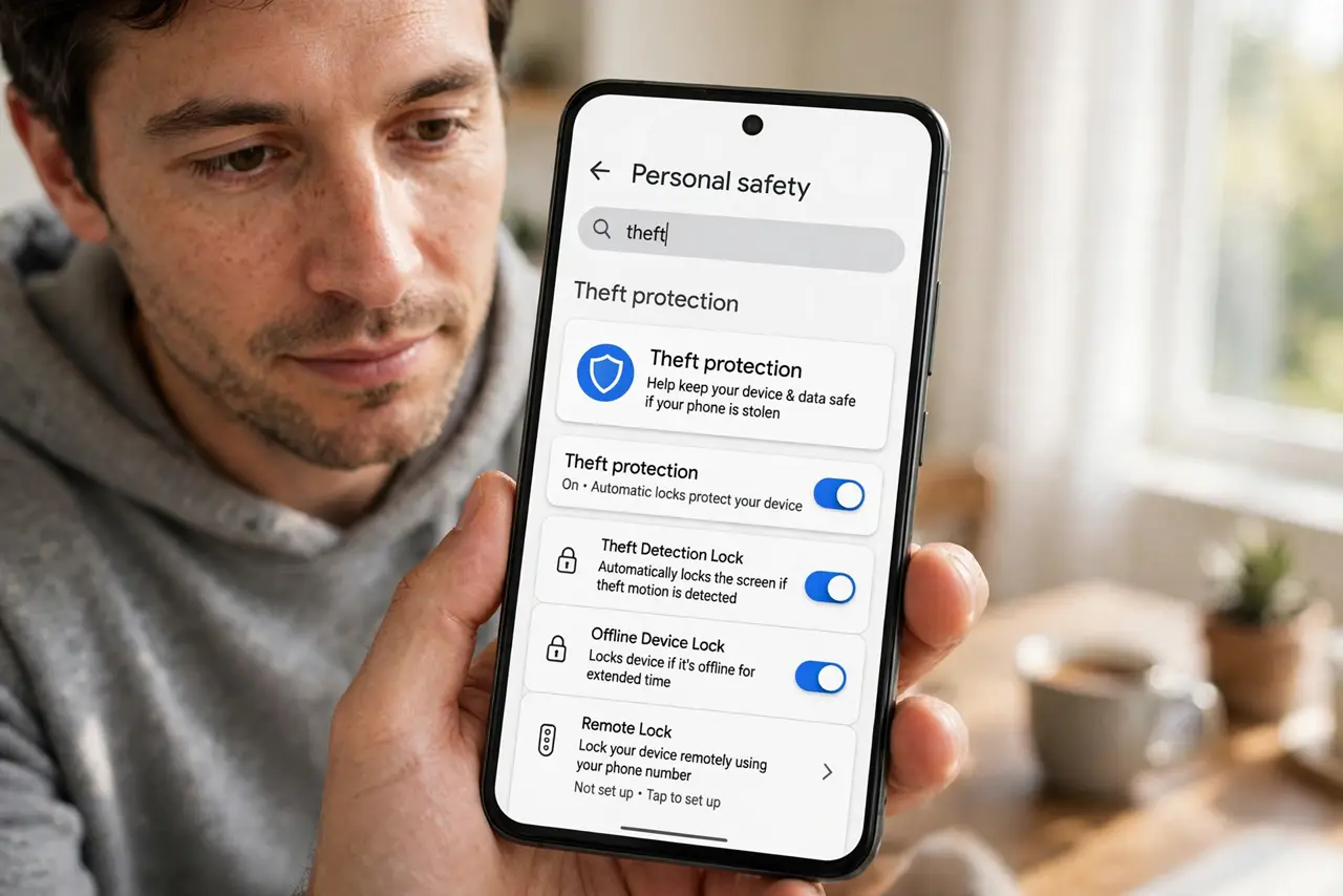 A person performing step 1: Find the theft protection settings. On recent Android, go to Settings, then Google, then Personal safety — or .