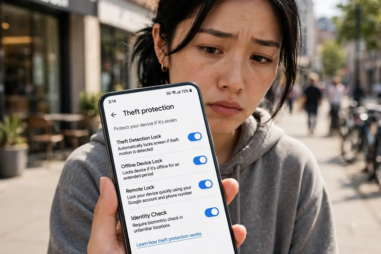 A person holding a real Android phone showing the theft protection settings screen with toggles and legible text, the person's face serious and attentive, outdoor street setting.