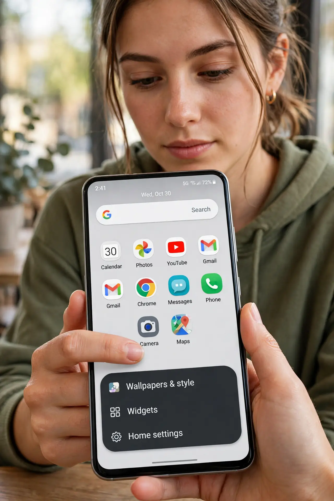 A person calmly performing the guide's first step: Long-press the home screen.