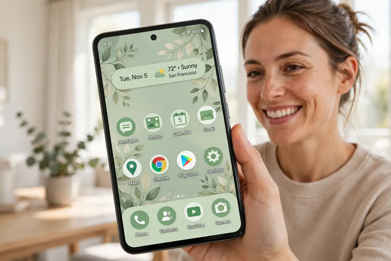 a person holding a real Android phone showing themed icons matching the wallpaper palette, the icons legible, the person's face pleased, bright room. No black screen, no blank whit.