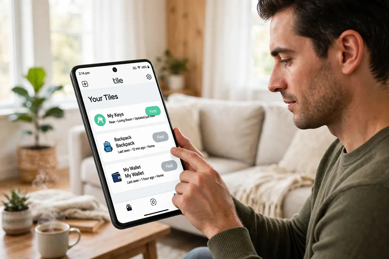 Photoreal photo of a person performing the first step: Open the Tile app and select your tracker. Launch the official Tile app and tap the Tile you...