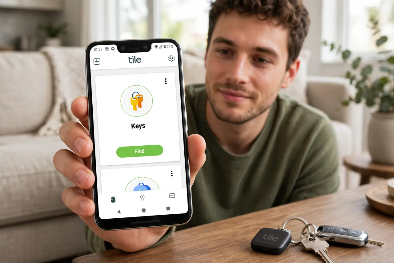Photoreal photo: a person holding a real phone showing the Tile app with the Find button, a real Tile tracker on a keyring nearby, the person's face hopeful, living room. No black screen, no blank white screen, no ...