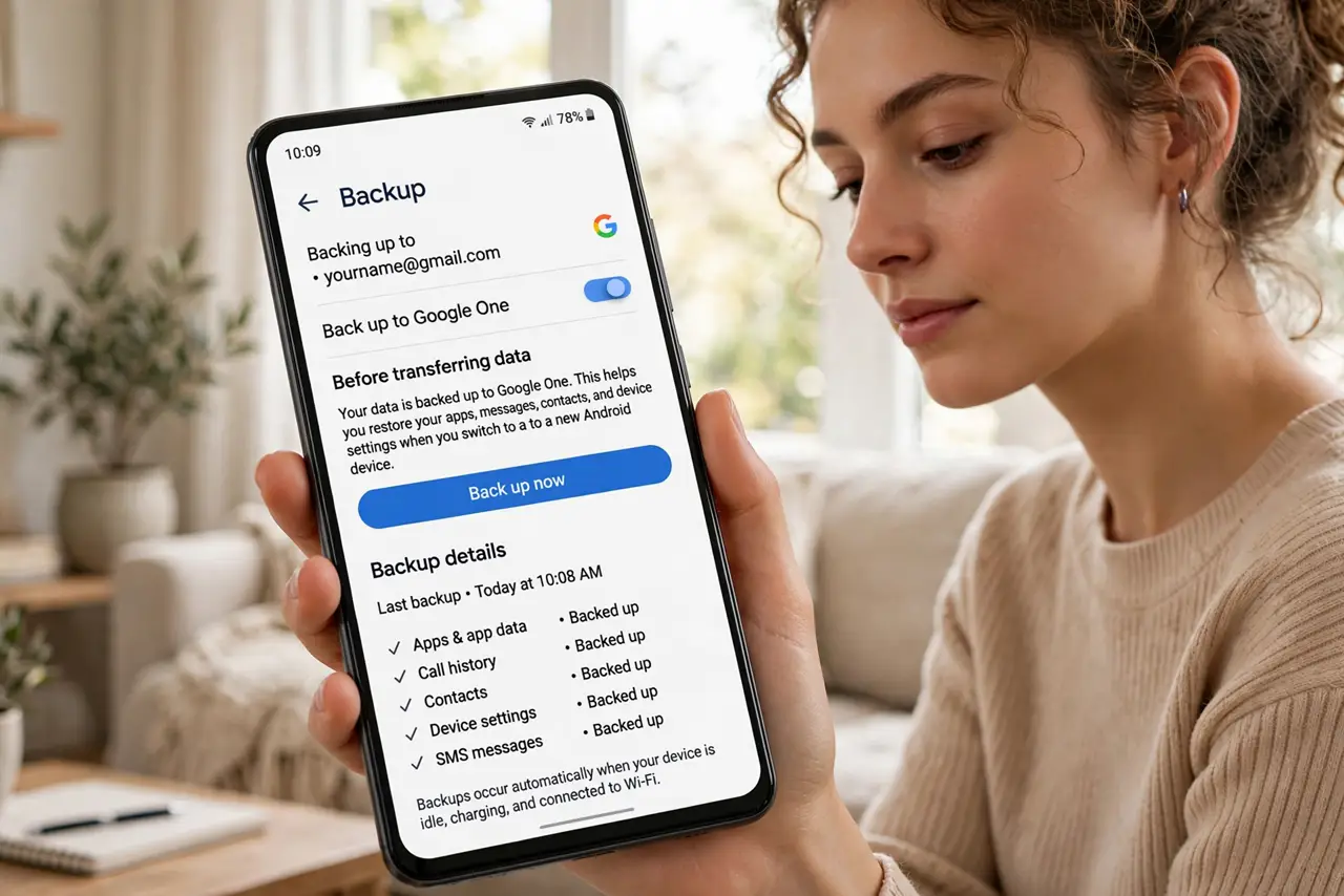 Photoreal photo of a person performing the first step: Back up the old phone first. Run a manual backup on the old phone before starting — Settings > System > Backup > Back up now. If the transfer hiccups,...