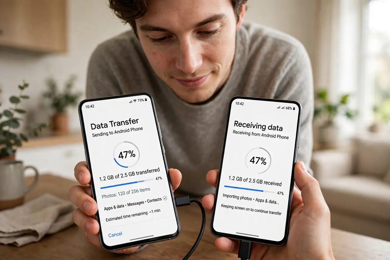 Photoreal photo: a person transferring data between two real Android phones connected by a cable, both screens showing a transfer progress with legible text, the person's face focused, home interior. No black screen, no 