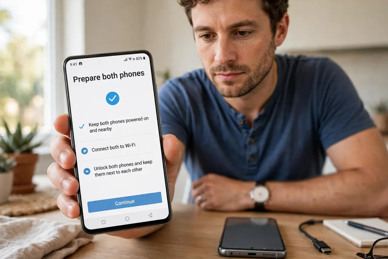 A person calmly performing the guide's first step: Prepare both phones.