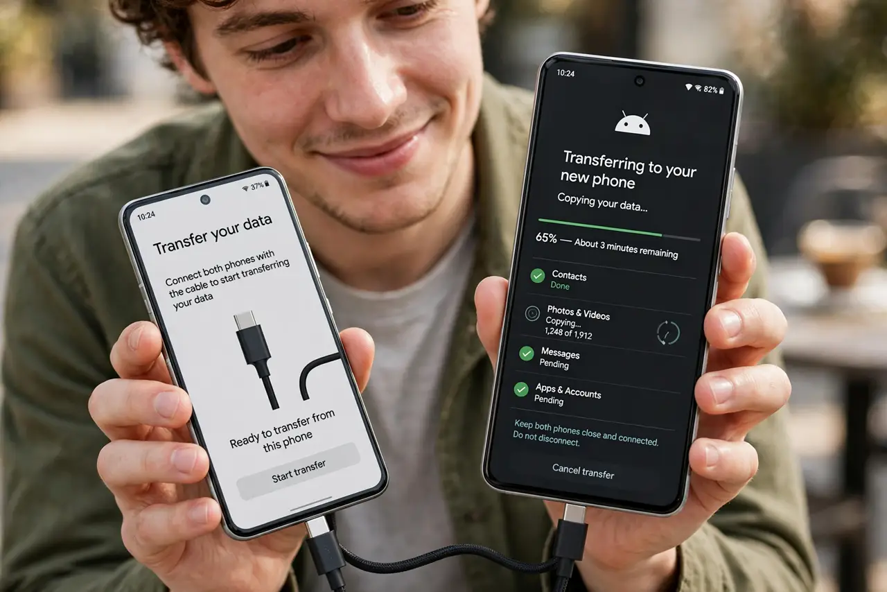 a person holding two real Android phones connected by a cable, the new one showing a transfer progress screen with legible text, the person's face hopeful. No black screen, no blan.