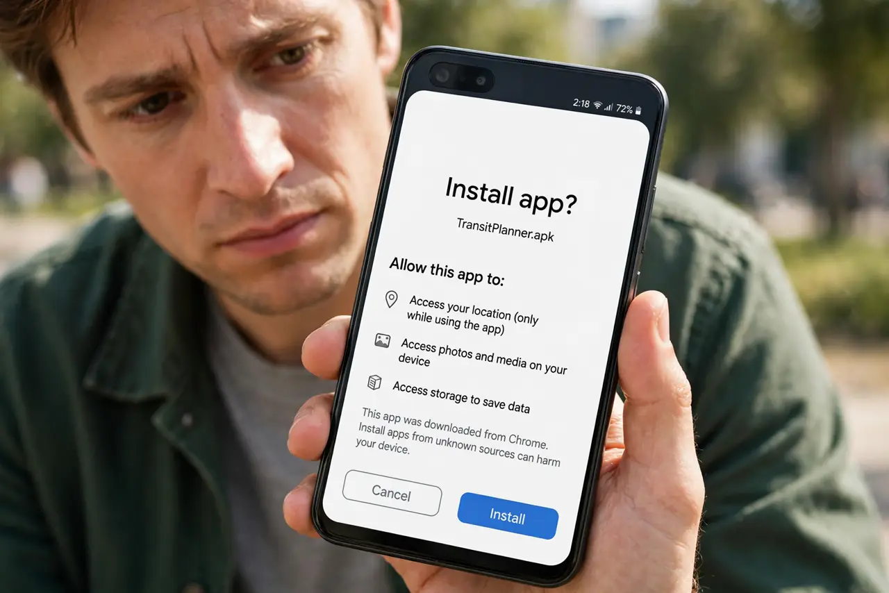 a person holding a real Android phone showing an app install permission screen with legible text, the person's face cautious. No black screen, no blank white screen, no fake or gar.
