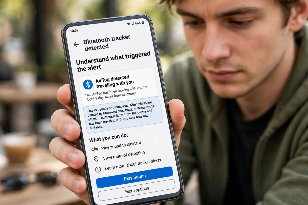 A person performing the first step of the guide: Understand what triggered the alert. Android detects a Bluetooth tracker — usually an AirTag — that has been.