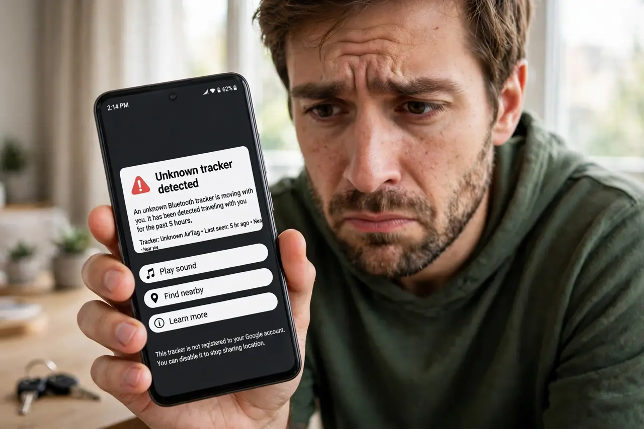 A person holding a real Android phone showing a large unknown-tracker alert notification with legible text, the person's face alert and cautious.