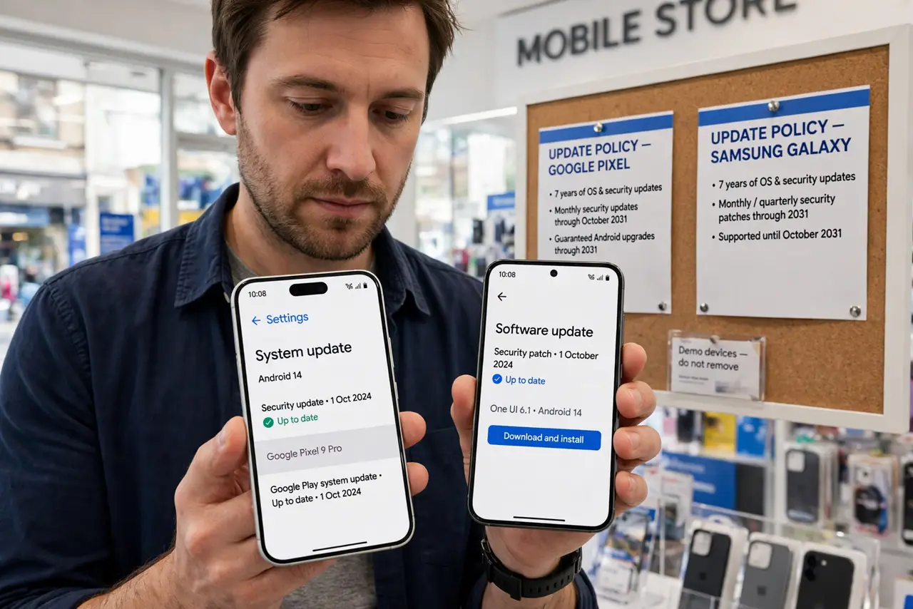 a person comparing two real Android phones in a store, update policy cards visible with legible text, the person's face analytical, bright retail.