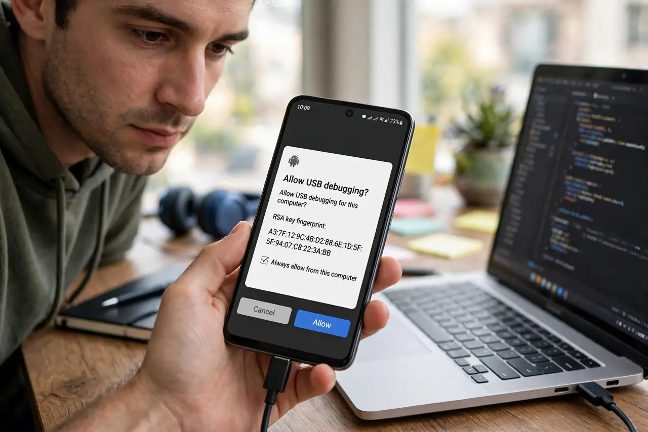 a person connecting a real Android phone to a real laptop with a USB cable, the phone showing a debugging authorization prompt with legible text, the person's face attentive. No bl.