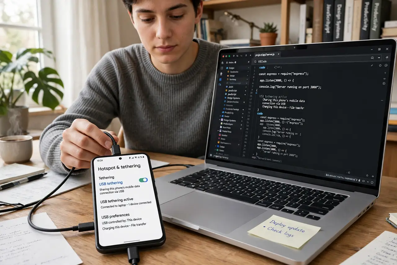 Photoreal photo of a person performing the first step: Connect the phone to the laptop with a USB cable. Use a data-capable cable, not a charge-only o