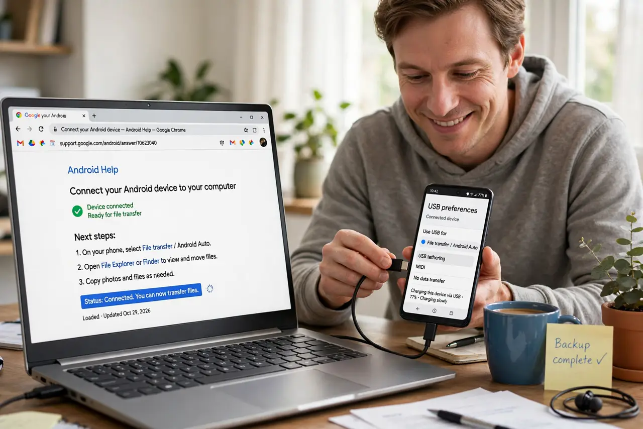 Photoreal photo: a person connecting a real Android phone to a real laptop with a USB cable at a desk, the laptop screen showing a browser with a legible page loading, the person's face relieved, home office. No black screen, no blank