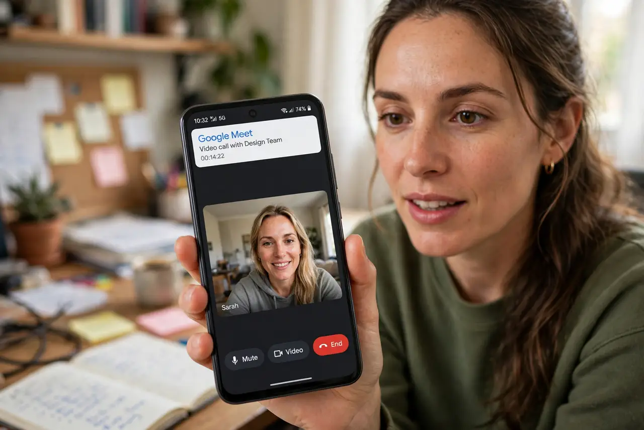 A person on a video call on a real Android phone with the background blurred and their face sharp and fully visible, a messy room softened behind them, home office.