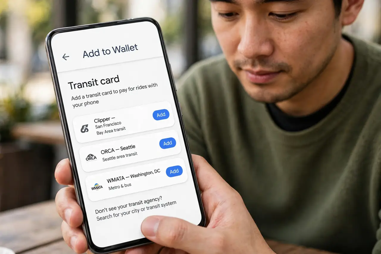 A person performing step 1: Add your city's transit card.