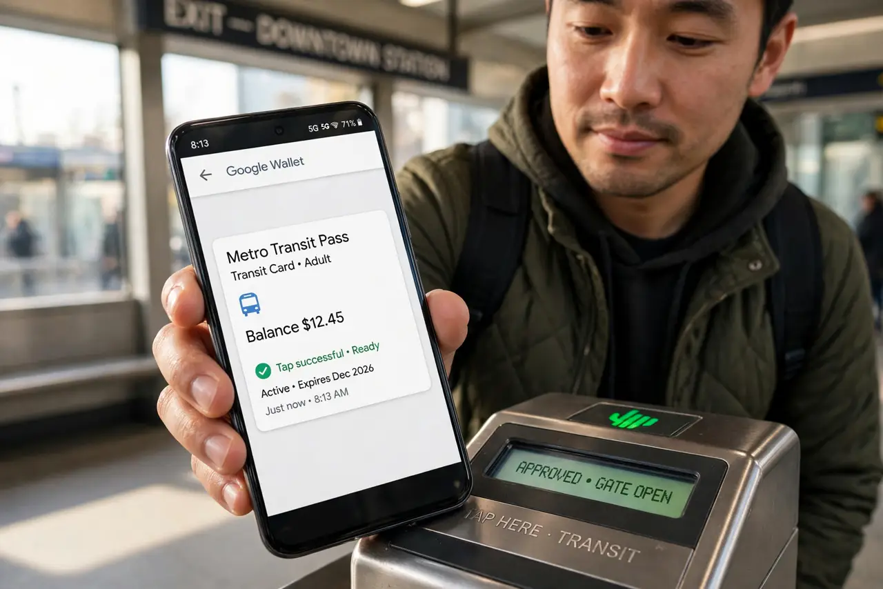 A commuter tapping a real Android phone on a transit gate reader with the transit card visible and legible on screen, morning station light, the person's face calm.