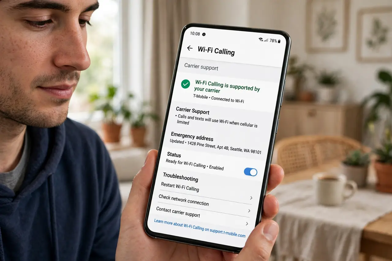 Photoreal photo of a person performing the first step: Confirm carrier support first. Wi-Fi Calling needs your carrier's backing -- most major carrier