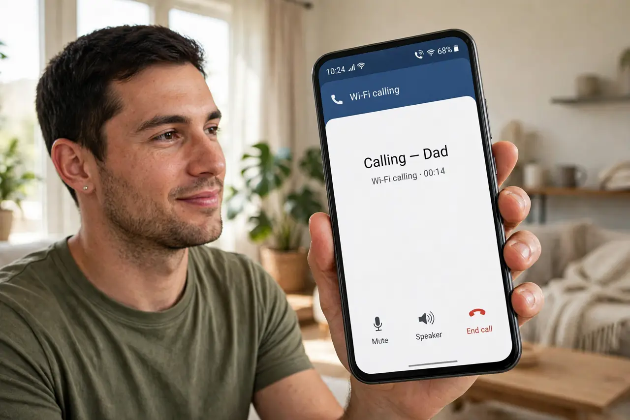 Photoreal photo: a person making a call on a real Android phone showing a legible Wi-Fi calling icon in the status bar, the person's face relieved, home interior with weak-signal indicator. No black screen, no blank white screen, no f