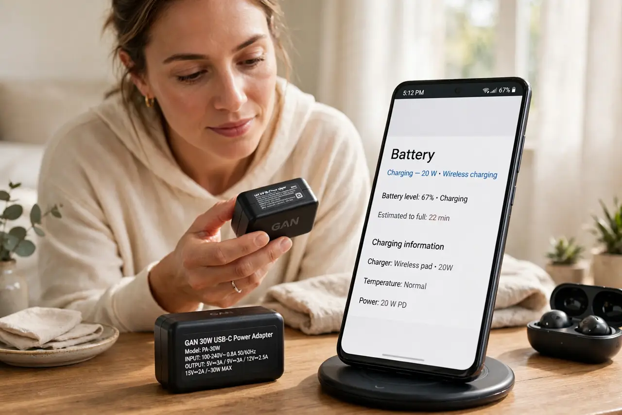 Photoreal photo of a person performing the first step: Use the right wall adapter. The pad is only as fast as the brick feeding it. A 5W phone char...