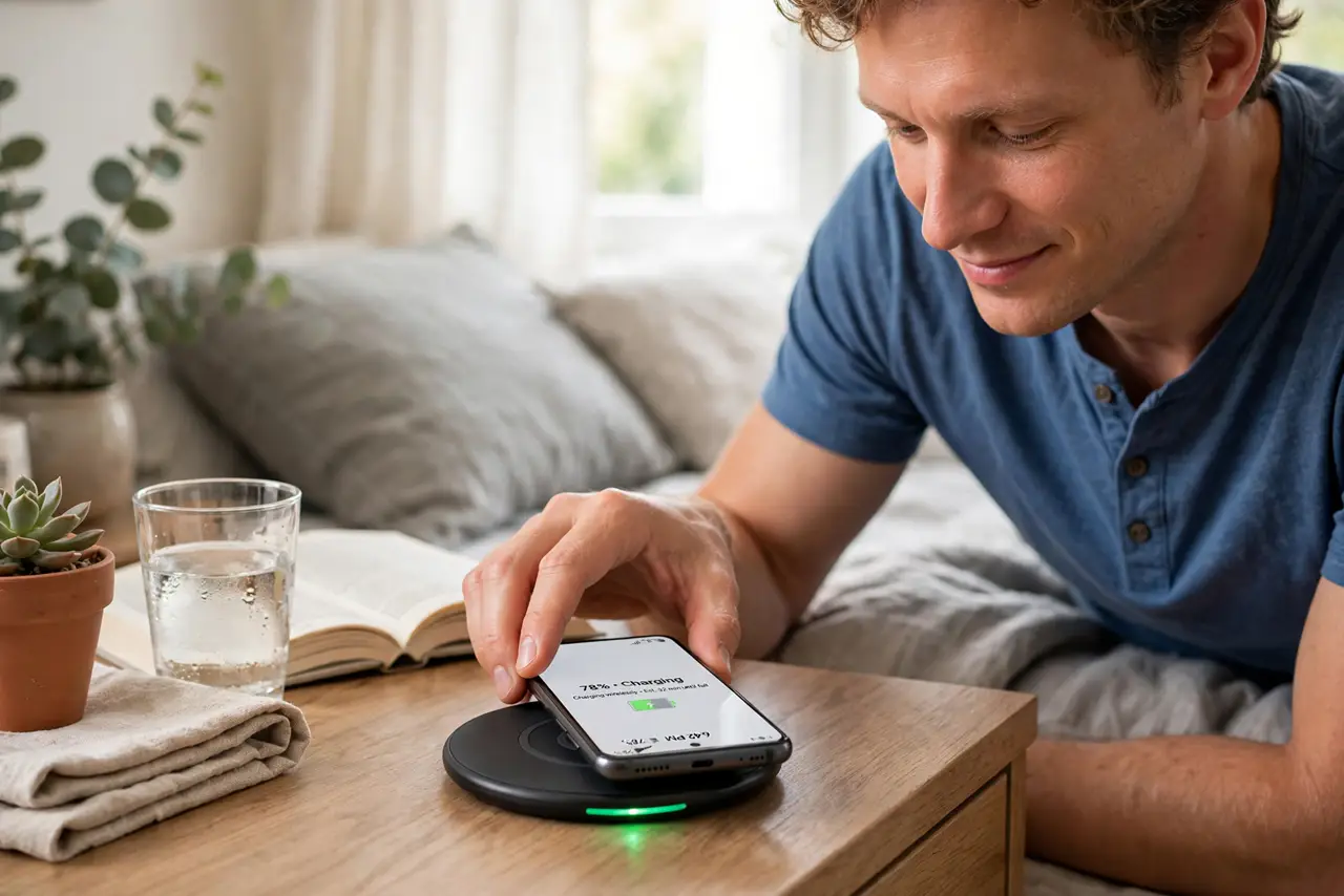 Photoreal photo: a person placing a real Android phone on a real wireless charging pad with the charging indicator visible and legible, the person's face focused, bedside table evening light. No black screen, no bl...