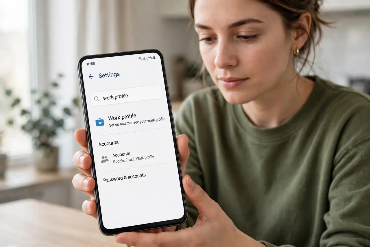 A person performing step 1: Check if your Android supports a work profile. Open Settings and look for Accounts or search “work profile.” M.