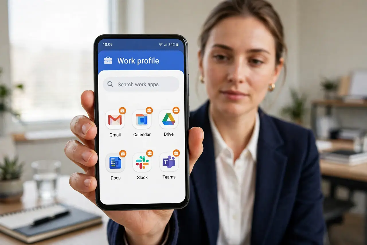 A person holding a real Android phone showing a work profile app drawer with briefcase badges on work apps, the person's face calm and organized, office.