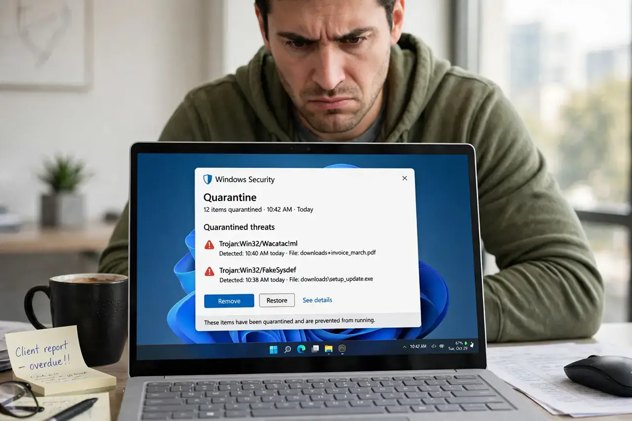 Antivirus Flags Your Own File — a frustrated adult at a desk with a real laptop showing an antivirus quarantine alert with fully legible text,