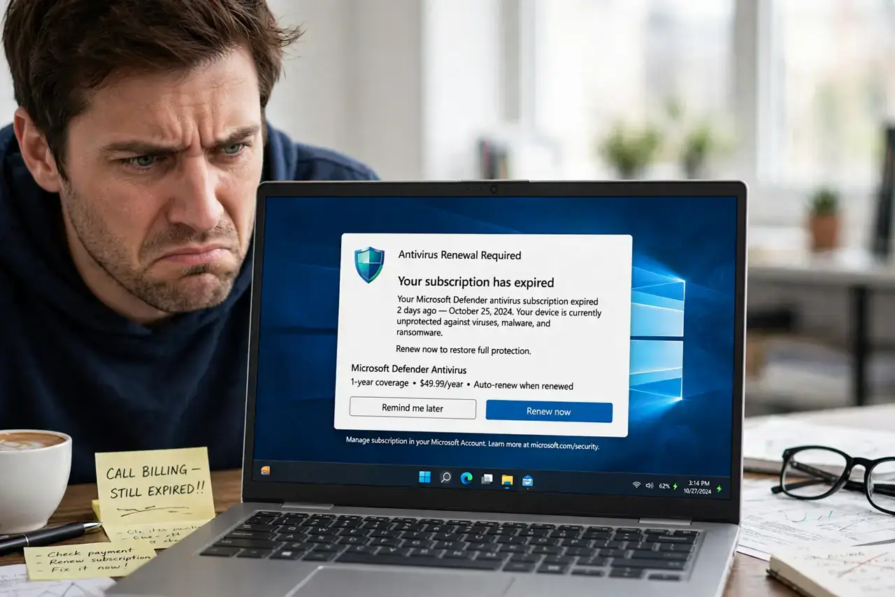 Antivirus Pop-Ups After You Cancelled — an annoyed adult at a desk with a real laptop showing an antivirus renewal nag popup with fully legible text,