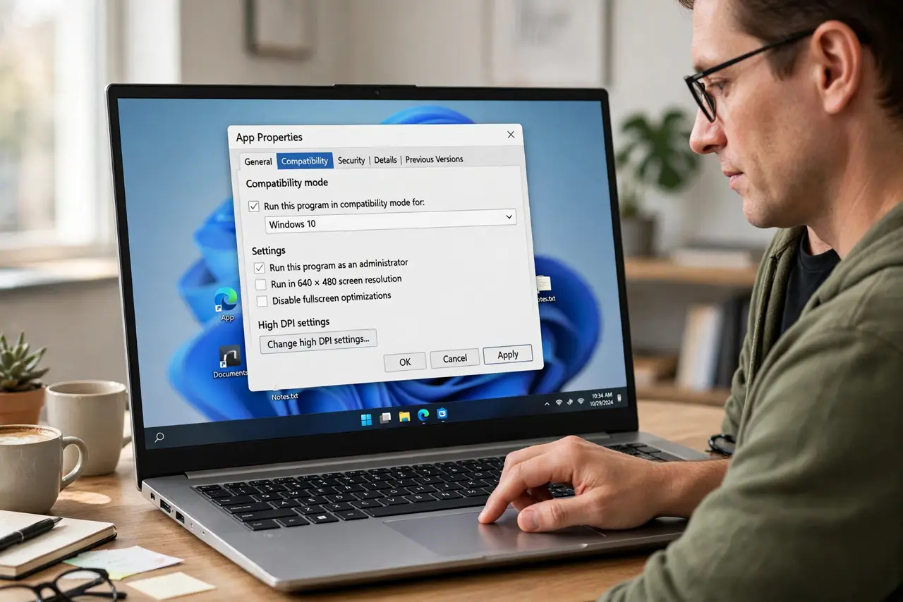a calm adult at a desk clicking a normal app icon on a real Windows laptop, the app Properties Compatibility screen clearly visible and legible on the real laptop screen.
