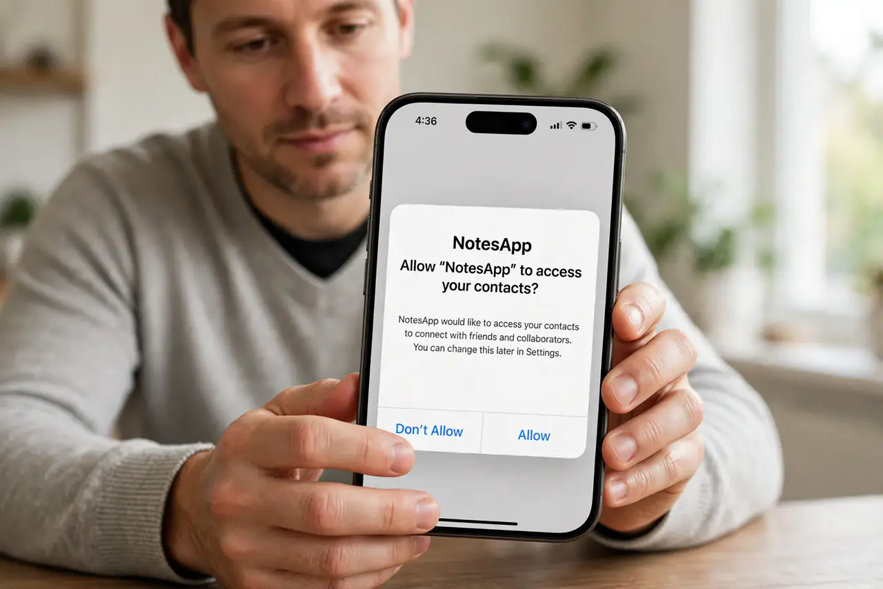 App Asks for Contacts to Work? Decide Safely — step 1 being performed on the device.